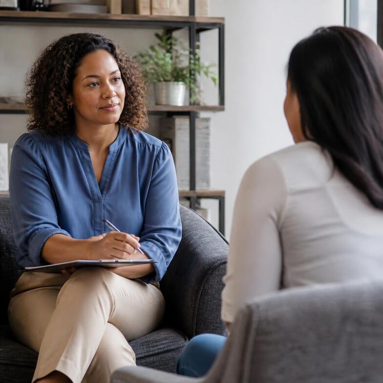 Black female therapist in an in-person counselling session Pickering and Durham Region.
