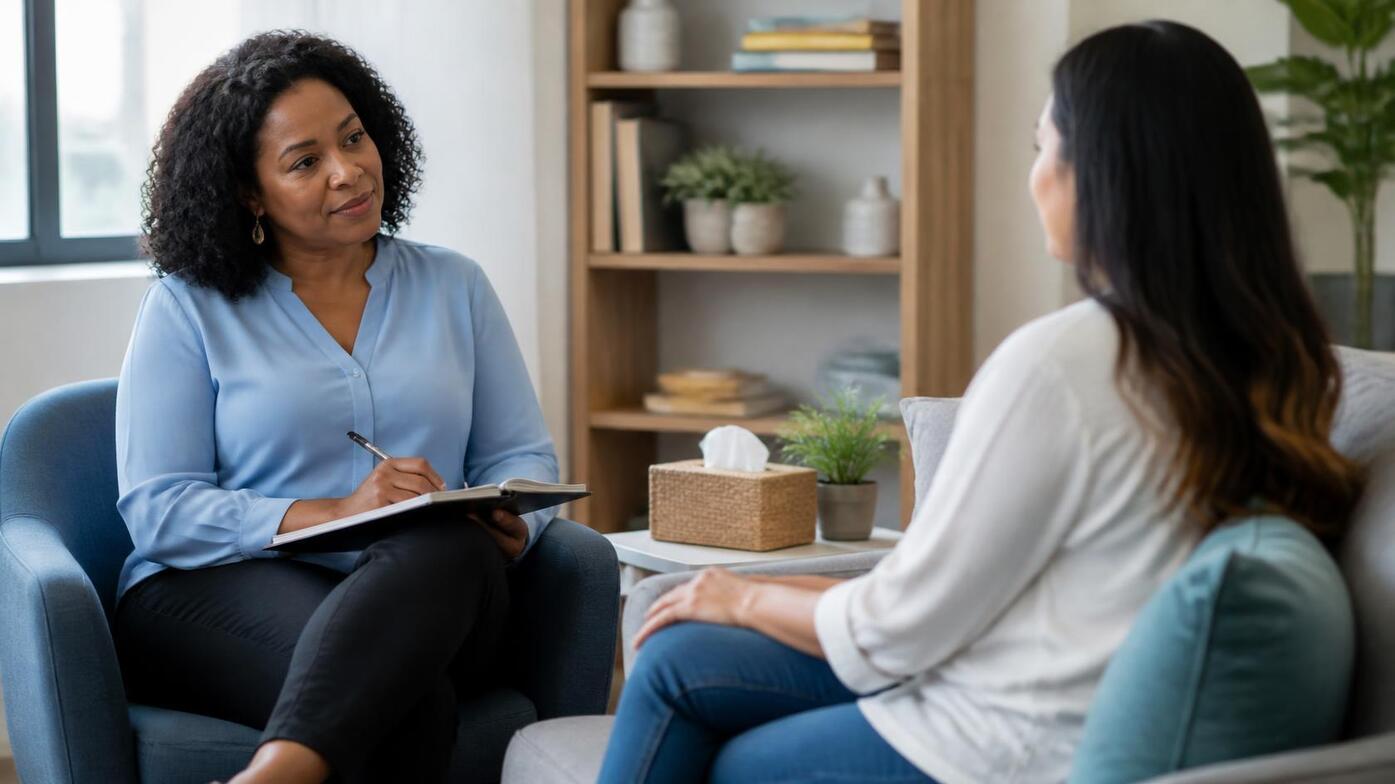 Trauma-informed therapy session with a therapist and client in a calm, welcoming office with soft natural light and indoor plants.