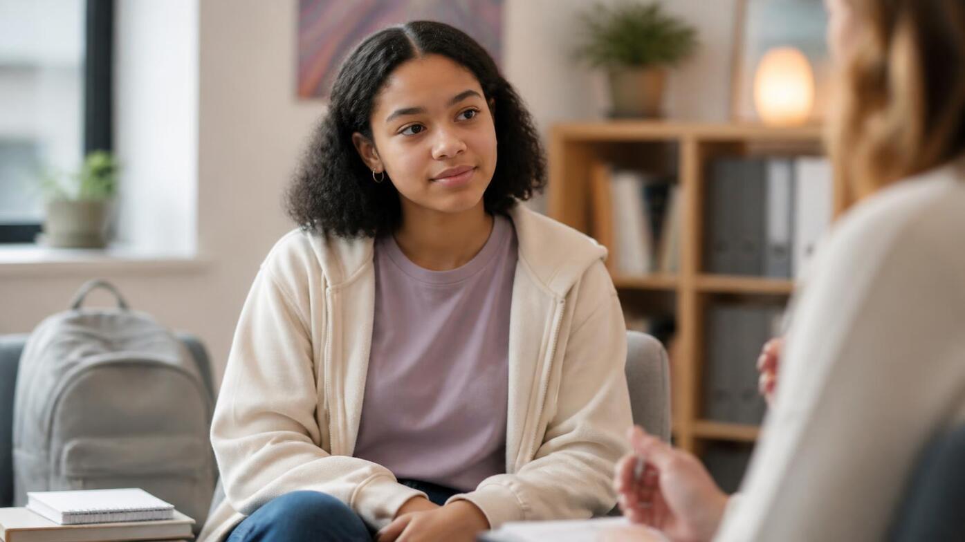 Teen girl in a counselling session for school stress, student anxiety, and emotional support.
