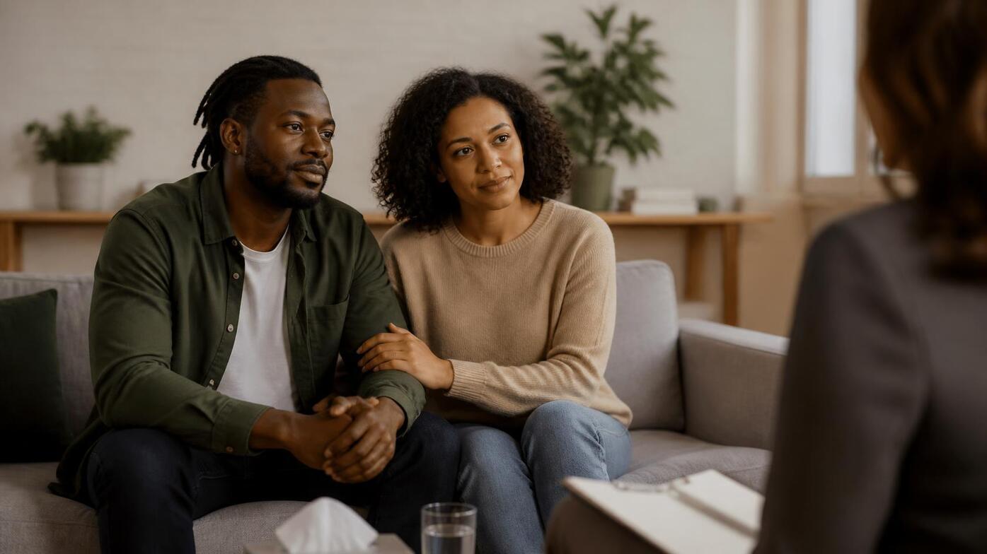 Black couple attending therapy together in a professional counselling setting