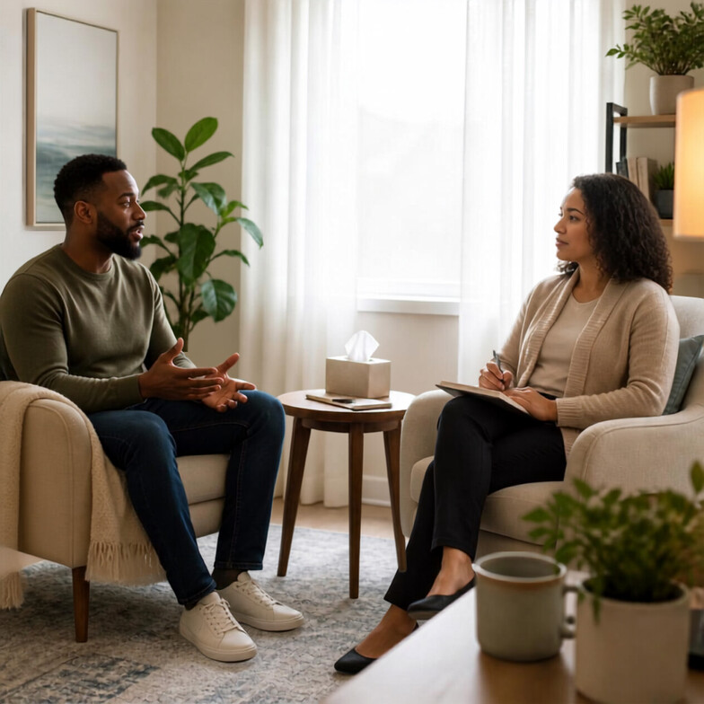 A therapist and client sit in comfortable armchairs talking in a bright, welcoming counselling office with plants and soft natural light.