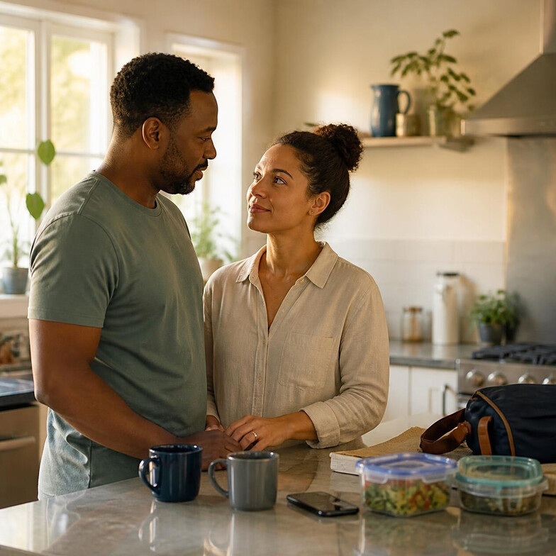 A husband and wife sharing a warm, affectionate moment and holding hands over morning coffee in their kitchen, illustrating emotional connection and 'We-ness' in marriage.
